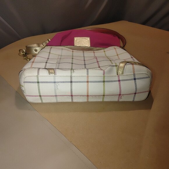 Coach Signature Crossbody Bag White Multicolor Plaid With Gold Accents & Pink In - Picture 13 of 15